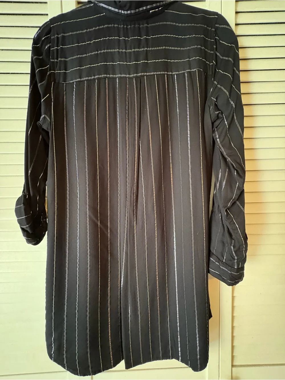 Black Pinstripe Button-Up Tunic Shirt Dress